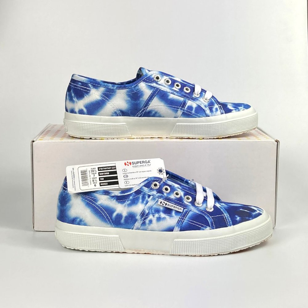 SUPERGA Sneakers Wm 8.5, COTU Tie Dye Indigo Blue Canvas Shoes, 2750, NIB!